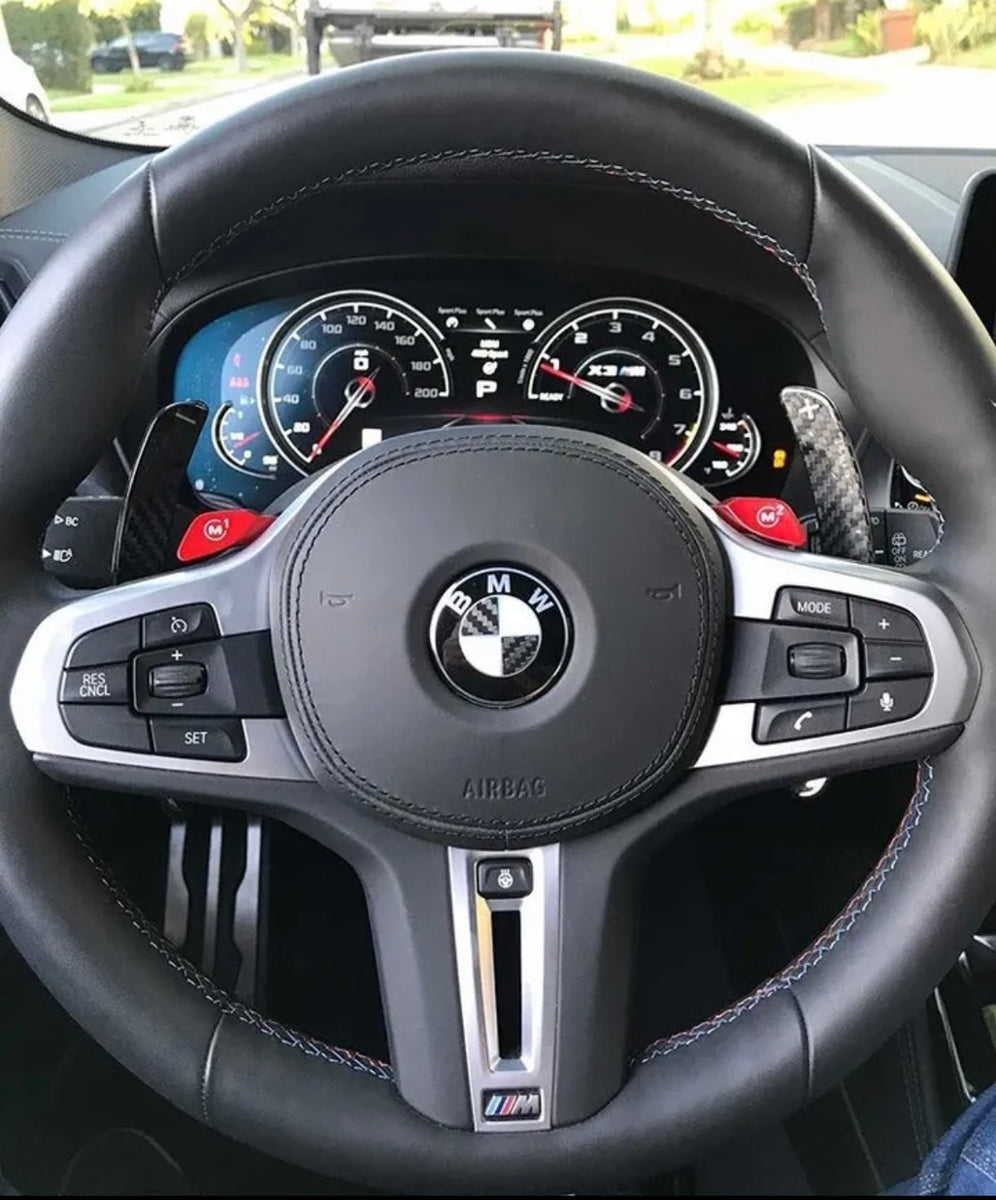 Steering wheel displaying BMW logo, with control buttons surrounding it; dashboard in background shows speedometer and tachometer gauges; exterior scenery visible through windshield.