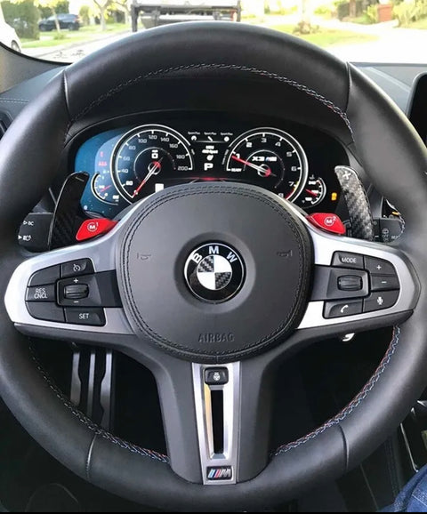 Steering wheel displaying BMW logo, with control buttons surrounding it; dashboard in background shows speedometer and tachometer gauges; exterior scenery visible through windshield.