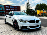 A white BMW car parked on a paved area in front of modern buildings under a cloudy sky. Trees and a sign with a 