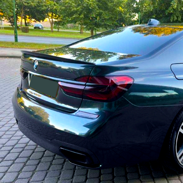 A sleek, dark-colored car is parked on a cobblestone path, surrounded by greenery. The focus is on its rear, with shiny tail lights and a visible BMW logo.