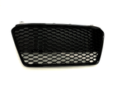 A black honeycomb-patterned car grille lies flat against a plain white background, showcasing its hexagonal mesh design and curved rectangular shape.