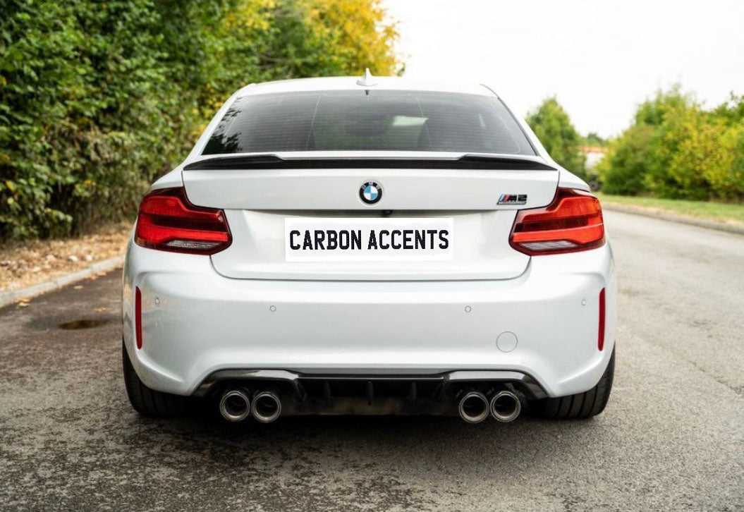 A white car, viewed from behind, displaying "CARBON ACCENTS" on its license plate, is parked on a road surrounded by greenery and trees.
