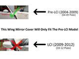 Car wing mirror with green check for Pre-LCI (2004-2009) and red X for LCI (2009-2012) model. Text: 